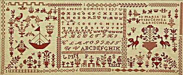 Click/tap for more details of Maria Vincenza Lariccha 1837 (cross stitch) by Hands Across the Sea Samplers