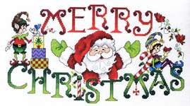 Click/tap for more details of Merry Elves and Santa (cross stitch) by Stoney Creek