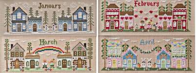 Click/tap for more details of Mini Villages - January to April (cross stitch) by Country Cottage Needleworks