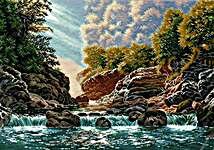 Click/tap for more details of Morning in the Guam Gorge (cross stitch) by Oven Company