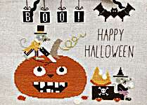 Click/tap for more details of Pumpkin Carver (cross stitch) by Madame Chantilly
