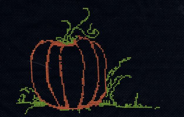 Click/tap for more details of Pumpkin (cross stitch) by Anne Peden