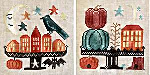 Click/tap for more details of Pumpkin House and Autumn Village Slumber (cross stitch) by Apple Harvest Designs