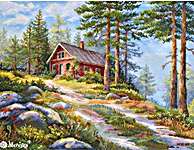 Click/tap for more details of Red Cabin in the Woods (cross stitch) by Merejka