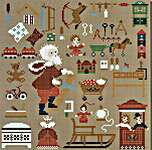 Click/tap for more details of Santa's Workshop (cross stitch) by Perrette Samouiloff