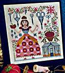 Click/tap for more details of Stitching Maiden (cross stitch) by Quaint Rose Needlearts