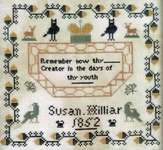 Click/tap for more details of Susan Hilliar, 1852 (cross stitch) by Kathy Barrick