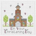 Click/tap for more details of Tall Church Christening Girl Card (cross stitch) by Fat Cat Cross Stitch