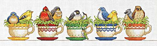 Click/tap for more details of Teacup Birds (cross stitch) by Dimensions