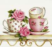 Click for more details of Teacups and Roses on a Shelf (cross stitch) by Luca - S