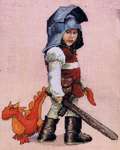 Click/tap for more details of The Knight and his Soft Toy Dragon (cross stitch) by Nimue Fee Main