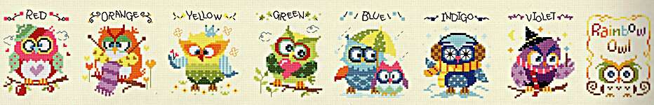 Click/tap for more details of The Rainbow Owls (cross stitch) by Soda Stitch