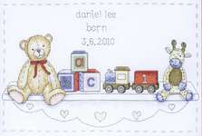 Click for more details of The Toy Shelf Birth Sampler (cross stitch) by Anchor