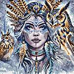 Click/tap for more details of The Warrior and her Guardian Owls (cross stitch) by AVA Stitch