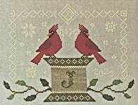 Click/tap for more details of Twin Cardinals (cross stitch) by Crafty Bluebonnet