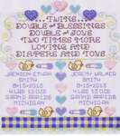 Click/tap for more details of Twins Birth Sampler (cross stitch) by Stoney Creek