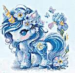 Click/tap for more details of Unicorn Blue Flowers (cross stitch) by Les Petites Croix de Lucie