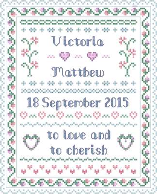 Click/tap for more details of Wedding Traditional Sampler (cross stitch) by Designs by Cathy