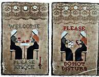 Click/tap for more details of Welcome Please Knock - Please, Do Not Disturb (cross stitch) by Fairy Wool in The Wood