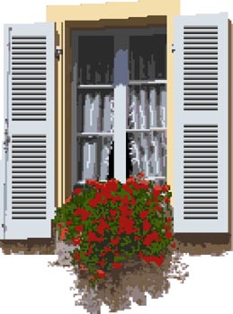 Click/tap for more details of Window in Brittany (cross stitch) by Anne Peden