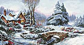 Click/tap for more details of Winter Landscape with Bridge (cross stitch) by Luca - S