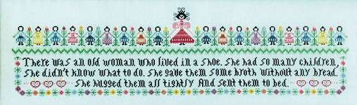 Click/tap for more details of Woman in a Shoe (cross stitch) by Rosewood Manor