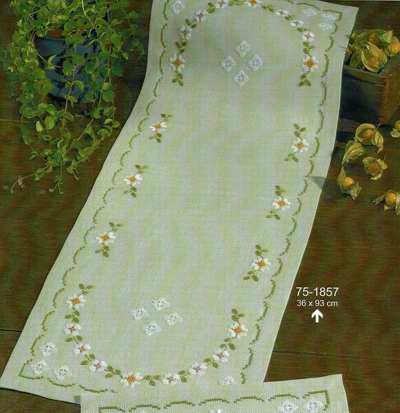 White Flowers Hardanger Table Runner 