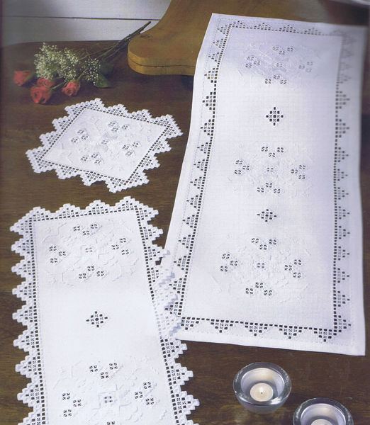 White Hardanger Table Mats with Openwork Edges