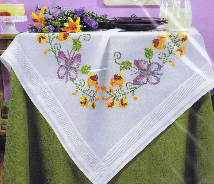 Butterflies and Yellow Flowers Table Cover - Cross Stitch