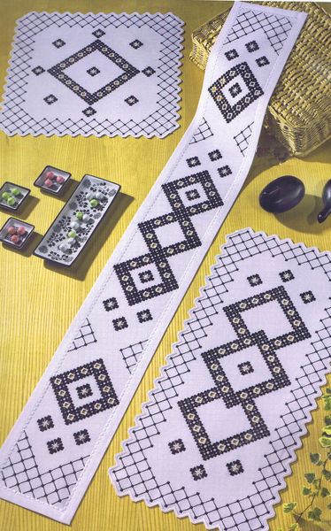 Black and White Hardanger Table Mats with Diamonds and Zigzag Edges