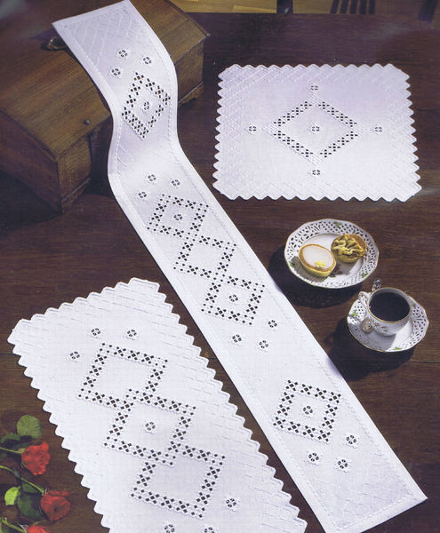 White Hardanger Table Mats with Diamonds and Zigzag Edges