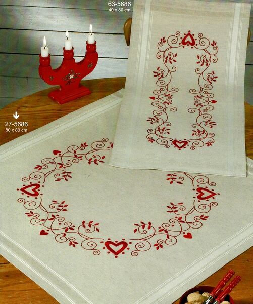 Classic Red Table Cover - Hearts and Flowers
