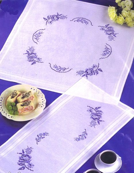 Blue Roses Table Cover - Cross Stitch
