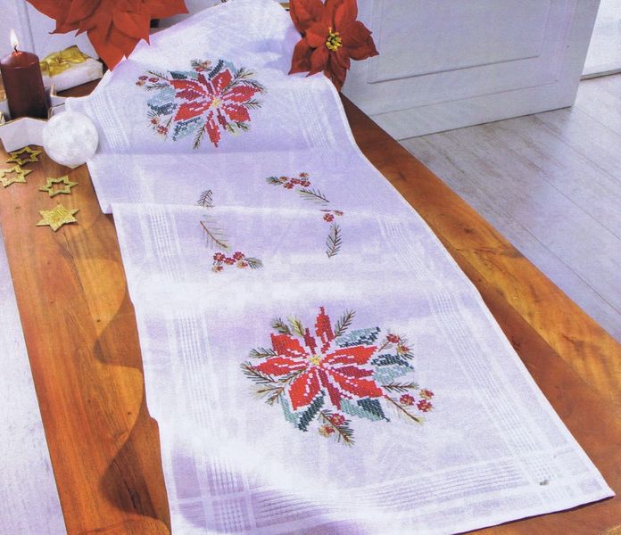 Vintage Poinsettia hand cross stitched table runner