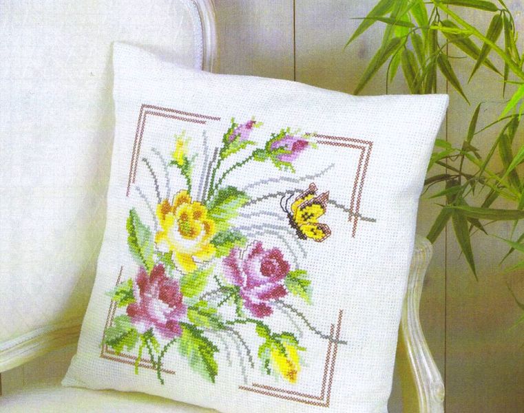 Yellow and Pink Rose Cushion Front