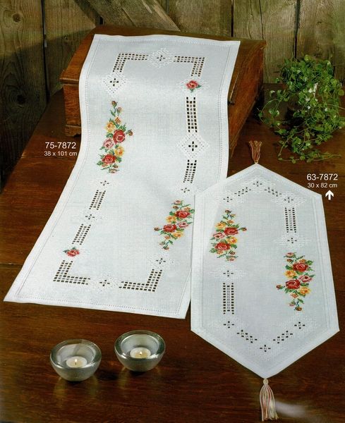 Hardanger Table Runners with Red and Yellow Roses