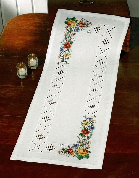 Long White Table Runner with Flowers
