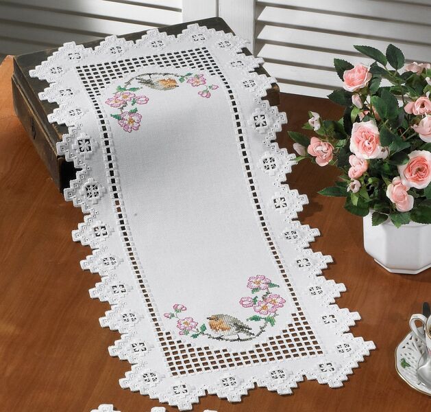 Hardanger Table Mats with Robins and Pink Blossom