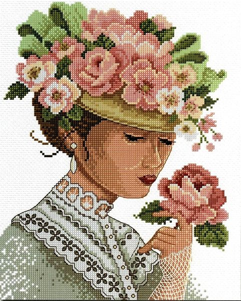 Roses Counted Cross-Stitch Pattern Needlepoint Chart Fine Art Vintage Lady w