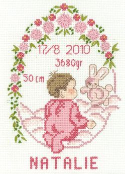Pink Baby Girl Sampler - cross stitch kit by Permin of Copenhagen