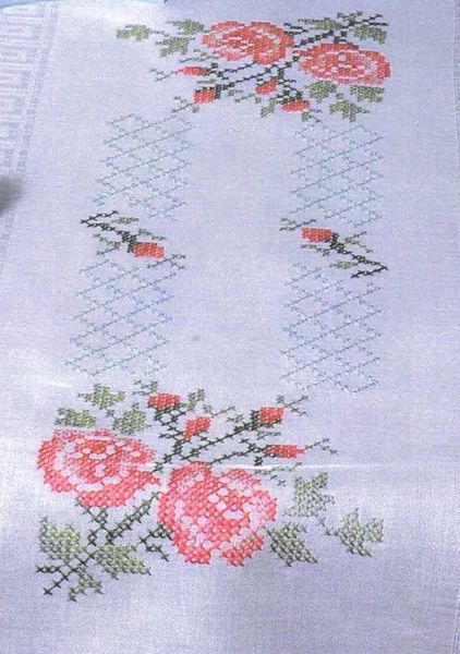 Pink Roses Table Runner - Cross Stitch