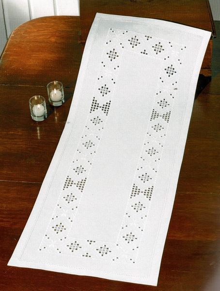 Long White Hardanger Table Runner