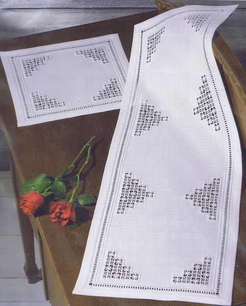 White Hardanger Table Mats with Openwork Triangles
