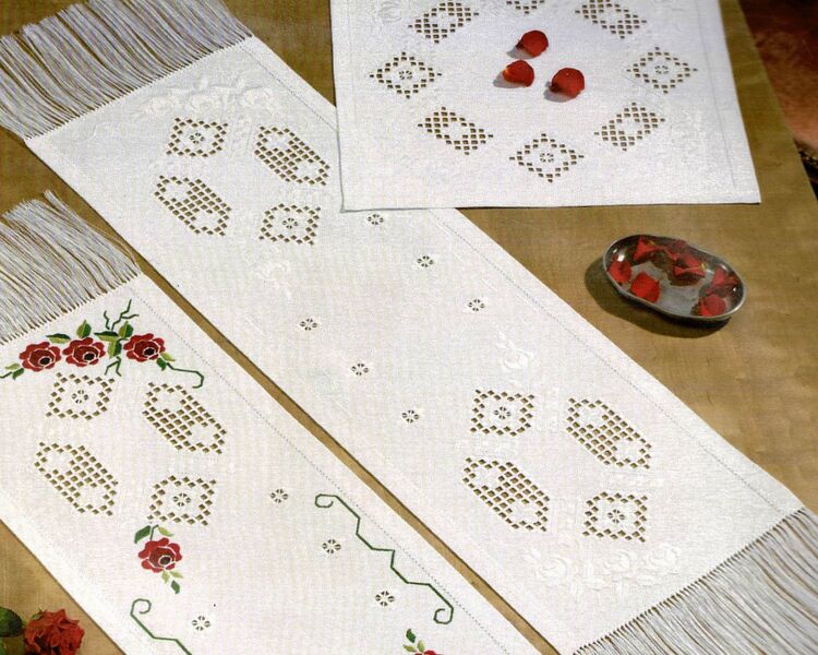 Hardanger Table Runner with White Roses