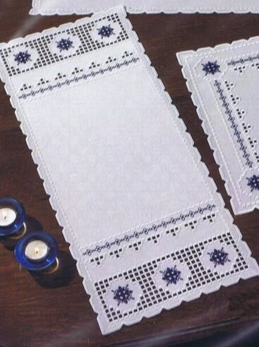 Hardanger Table Mats with Blue Medallions