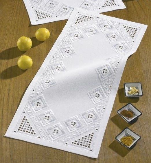 White Hardanger Table Runner with Blue Diamonds