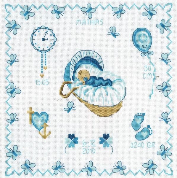 Baby Boy in Basket Birth Sampler