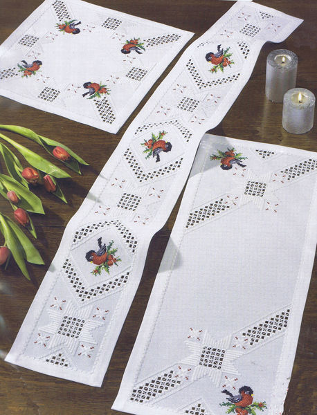 Christmas Hardanger Table Mats with Robins