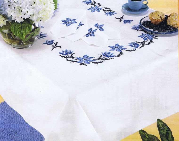 Blue Flower Table Cover - Cross Stitch