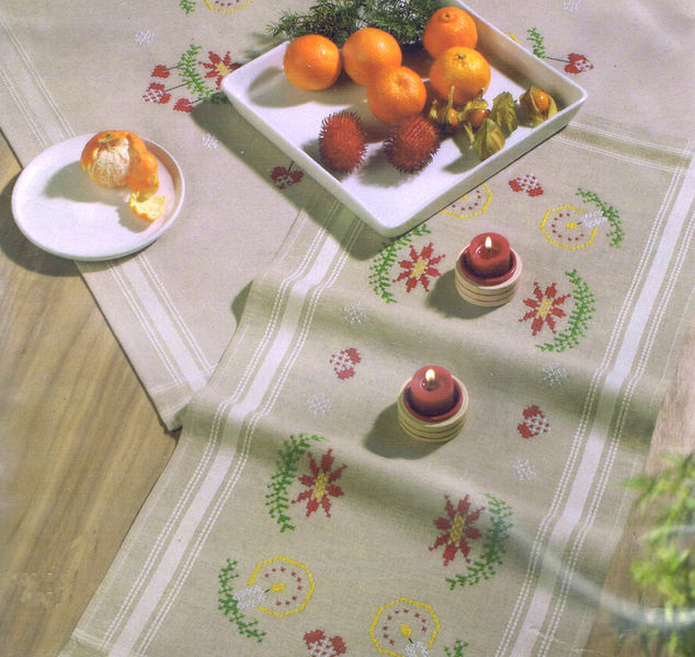Christmas Candles and Poinsettia Table Runner - Cross Stitch